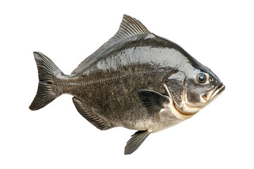 Detailed closeup of Pacific Halibut fish with shiny scales, fins and tail isolated on white transparent background, concept of marine life