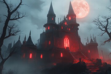 A gothic depiction of an ancient Indian fort under a full moon, with shadows and eerie lighting