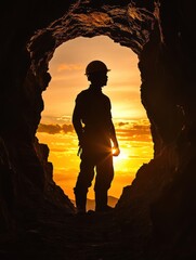 A man stands in a cave with the sun shining on him