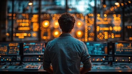 Obraz premium Person operating control panels in a high-tech environment.