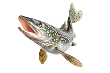 Detailed northern pike fish with spotted scales, fins and sharp jaw isolated on white transparent background, concept of aquatic life