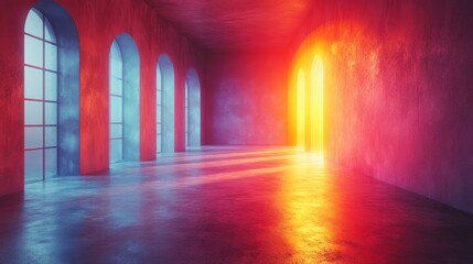 Colorful 3D Room Scene with Dreamy Prism Light Overlay for Exhibition or Studio Backgrounds