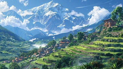A wide shot of a mountain village nestled in a valley, with terraced fields and snow-capped peaks in the background