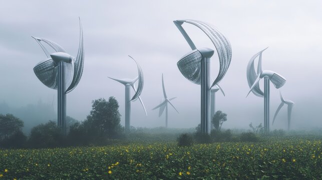 Wind turbines that produce electricity, built on a field in Skanderborg, Denmark