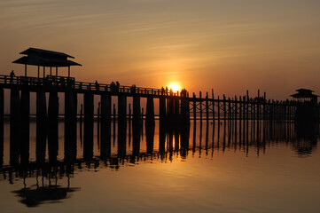 Silhouette of U bein bridge at sunset, Amarapura, Mandalay, Myanmar (Burma).