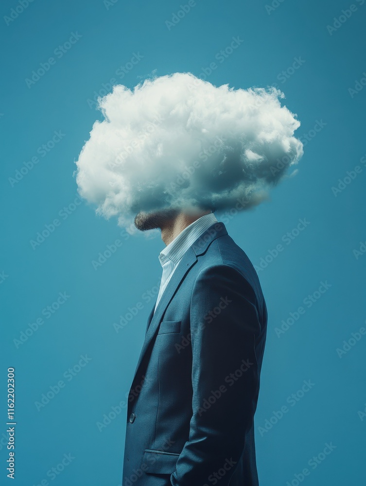 Poster side view of cloud headed businessman on blue background with copy space. computing and confused con