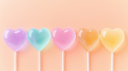 Colorful heart-shaped lollipops on peach background. Minimal Valentine and love concept with copy space.	