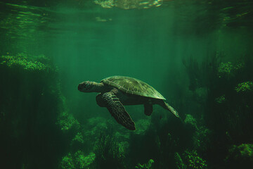Obraz premium A sea turtle swimming gracefully underwater amidst coral reefs teeming with life.