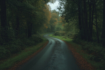 Obraz premium A quiet countryside road flanked by tall trees in the peak of autumn, their leaves ablaze in orange and red. 