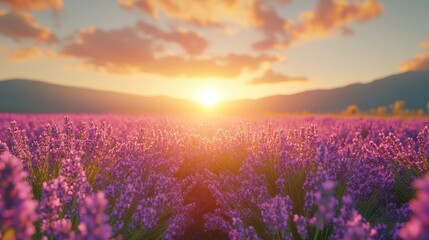 Obraz premium Soft focused lavender flowers at sunset, blooming violet fragrant flowers in a summer landscape, perfect for gardening, floral, or nature themed designs