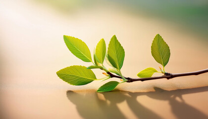 A small branch adorned with budding green leaves rests diagonally on a neutral beige surface, showcasing the vibrant cheer of spring as nature awakens and begins anew