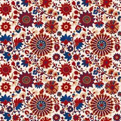 seamless pattern texture, Seamless floral pattern with vibrant red and blue flowers on a light cream background