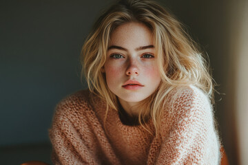 A young woman with freckles and blonde hair, wearing a peach-colored sweater, looks directly at the camera.