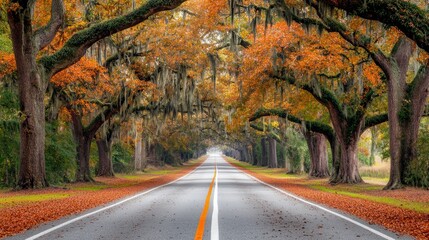 Obraz premium Scenic road lined with autumn trees and fallen leaves.