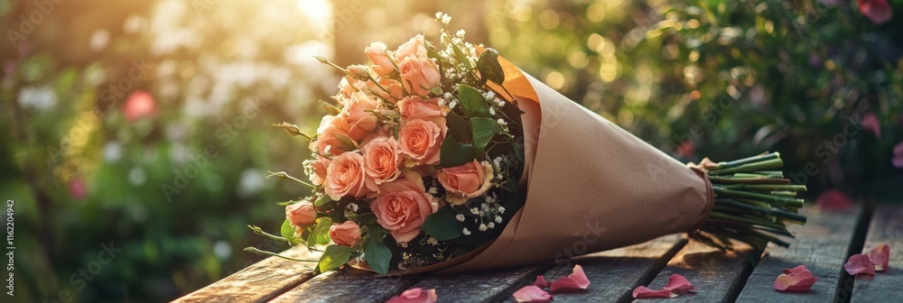 Poster elegant bouquet wrapped in kraft paper resting on a wooden table surrounded by a vibrant garden. gen