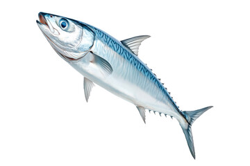 Fototapeta premium Fresh Spanish mackerel fish with detailed scales and fins isolated on white transparent background. Concept of seafood and marine life