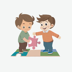 Young Boys Collaborating on Puzzle Together