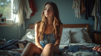 Obraz premium Teenage girl reflecting while sitting on bed surrounded by clothes in a cozy, sunlit bedroom