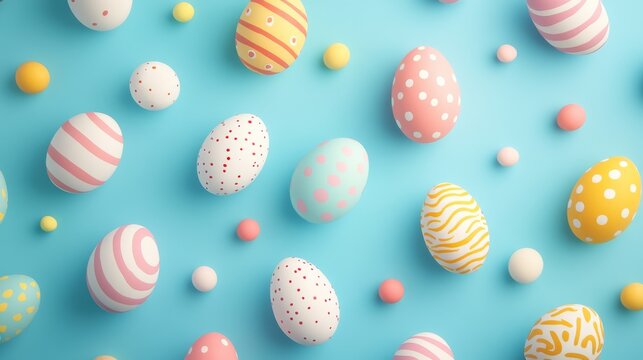 Pastel easter eggs on a blue background in top view, showcasing a flat lay composition of colorful painted eggs for spring holiday celebrations and festive creative designs