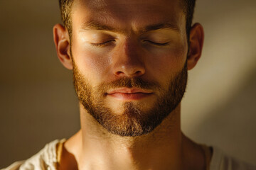 Obraz premium Close-up portrait of a man with his eyes closed, showcasing his beard and peaceful expression.