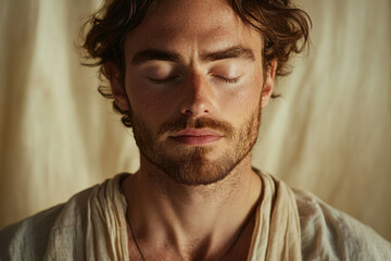 Obraz premium A serene young man with eyes closed, displaying peace and tranquility.
