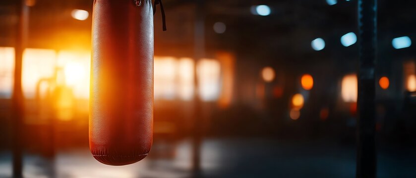 Boxing bag in a vibrant training environment.