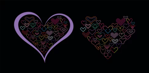 Neon-colored hearts isolated on a black background, featuring various line art icons arranged in a heart shape. Set of vector design elements.