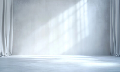 photo studio background with white walls and curtains, soft light illuminating the space