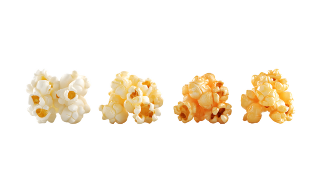 Four Clusters of Popcorn Showing Color Variation Isolated On A White Background, PNG Transparent