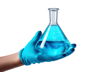 a hand holding a test tube filled with blue liquid 