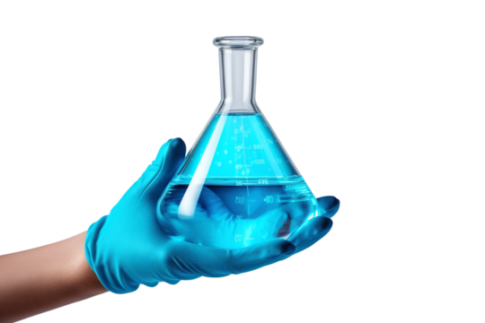 a hand holding a test tube filled with blue liquid 