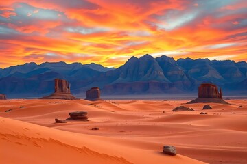 A stunning view of the desert landscape with orange-colored sand dunes and scattered rock formations, as the sun is about to set.