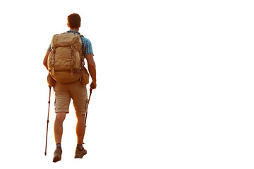 a young man with a backpack and walking stick standing on a transparent background with clipping path, PNG image, PNG file, Generative art. 