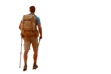 a young man with a backpack and walking stick standing on a transparent background with clipping path, PNG image, PNG file, Generative art. 