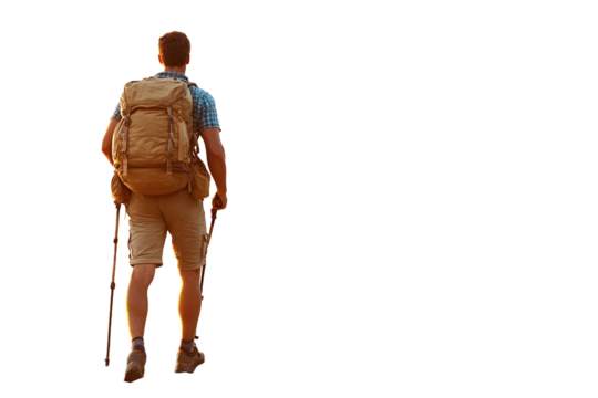a young man with a backpack and walking stick standing on a transparent background with clipping path, PNG image, PNG file, Generative art. 