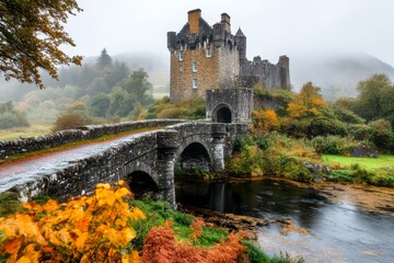 A historic Irish castle, such as Blarney Castle, surrounded by mist and ancient stone walls