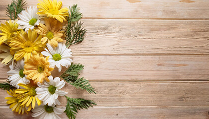 Obraz premium Freshly picked pastel yellow daisies and light green sprigs are beautifully arranged on a rustic wooden surface, evoking the joy and renewal of the spring season