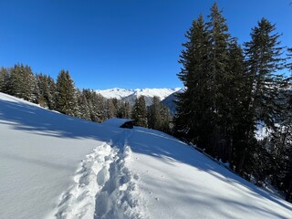 Wonderful winter hiking trails and traces in the fresh alpine snow cover of the Swiss Alps and over the tourist resort of Davos - Canton of Grisons, Switzerland (Kanton Graubünden, Schweiz)