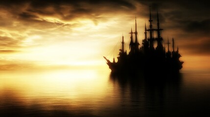 Sunset Silhouette of a Gothic Galleon at Sea