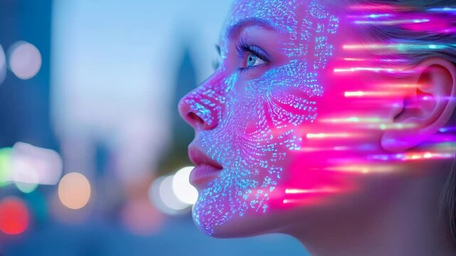 Futuristic Woman With Digital Visor: Neon City Lights Reflect On Skin in Profile View