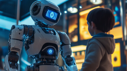 Dziecko bawiące się z robotem humanoidalnym na wystawie, w nowoczesnym otoczeniu, pełnym interaktywnych technologii.