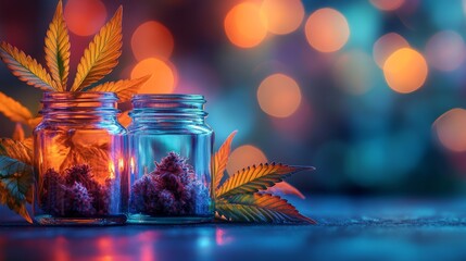 Vibrant cannabis leaves with colorful glass jars and bokeh lights, suitable for alternative medicine lifestyle promotions