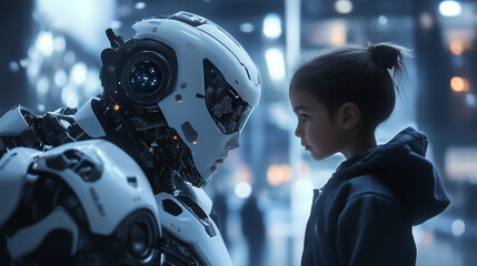 Fototapeta premium Dziecko bawiące się z robotem humanoidalnym na wystawie, w nowoczesnym otoczeniu, pełnym interaktywnych technologii.