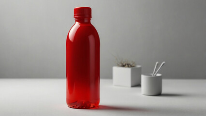 Stylish Red Plastic Bottle Mockup Against a Neutral Background