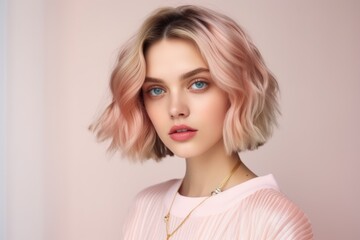 Fototapeta premium A woman with pink hair and a pink shirt poses for a photo