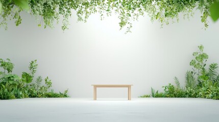 Obraz premium Minimalist Greenery with Wooden Table in Studio Setting