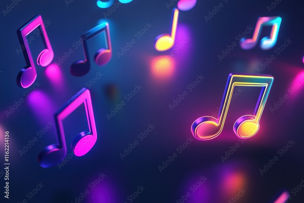 Poster Colorful 3D music notes floating in vibrant light display create an energetic atmosphere for musical enjoyment. Generative AI