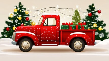 Red truck with gifts and Christmas trees in winter scene.