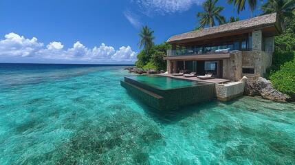 Obraz premium Luxurious overwater bungalow with infinity pool, turquoise ocean, and palm trees.