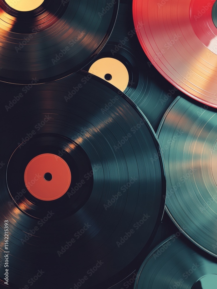 Poster vintage 3d vinyl records laying on a surface with ample space for text and creative design features.